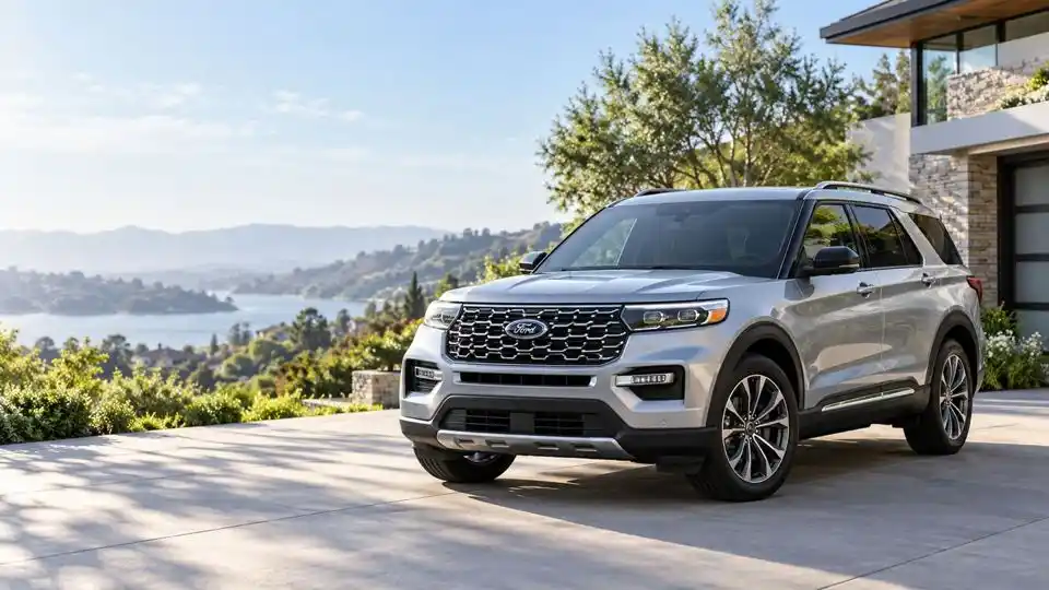 Silver Ford Explorer outside a modern home