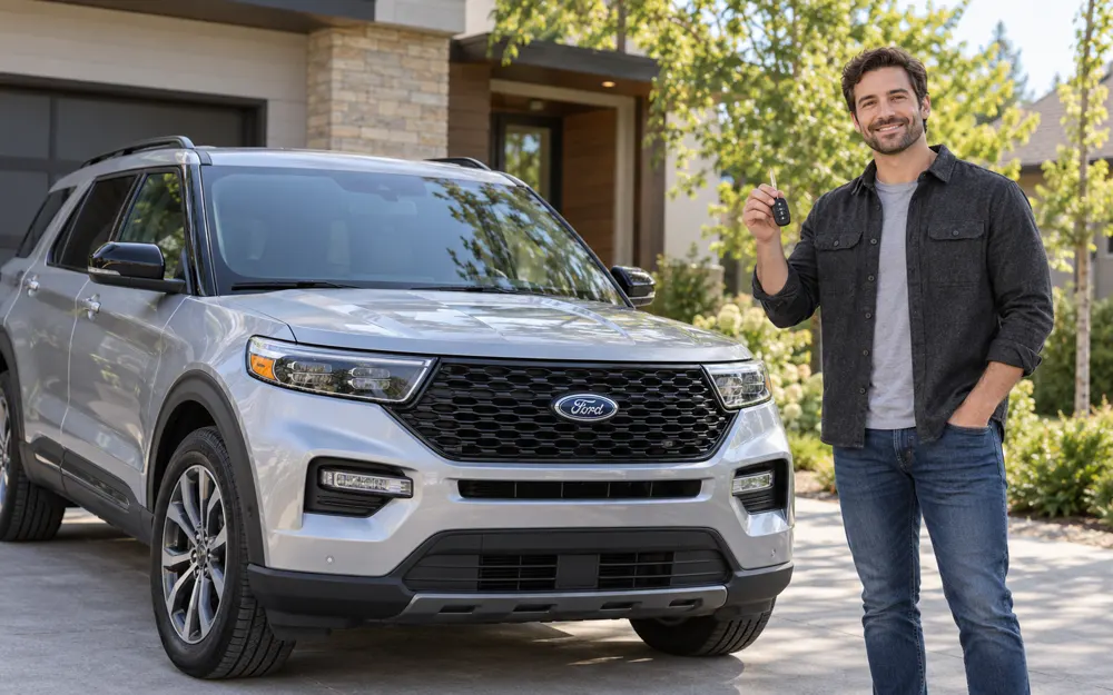 Car owner holding keys beside a Ford Explorer